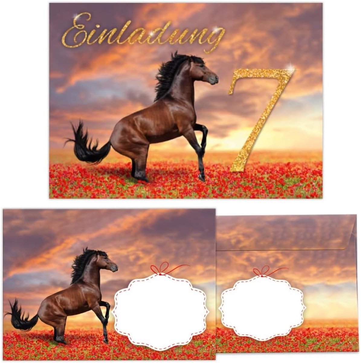 SnelShoppen - 12 Uitnodigingskaarten voor Kinderfeestje - 7e Verjaardag Meisje - Paard Thema - Inclusief Enveloppen - 10,5x14,8 cm - Perfect voor Fees