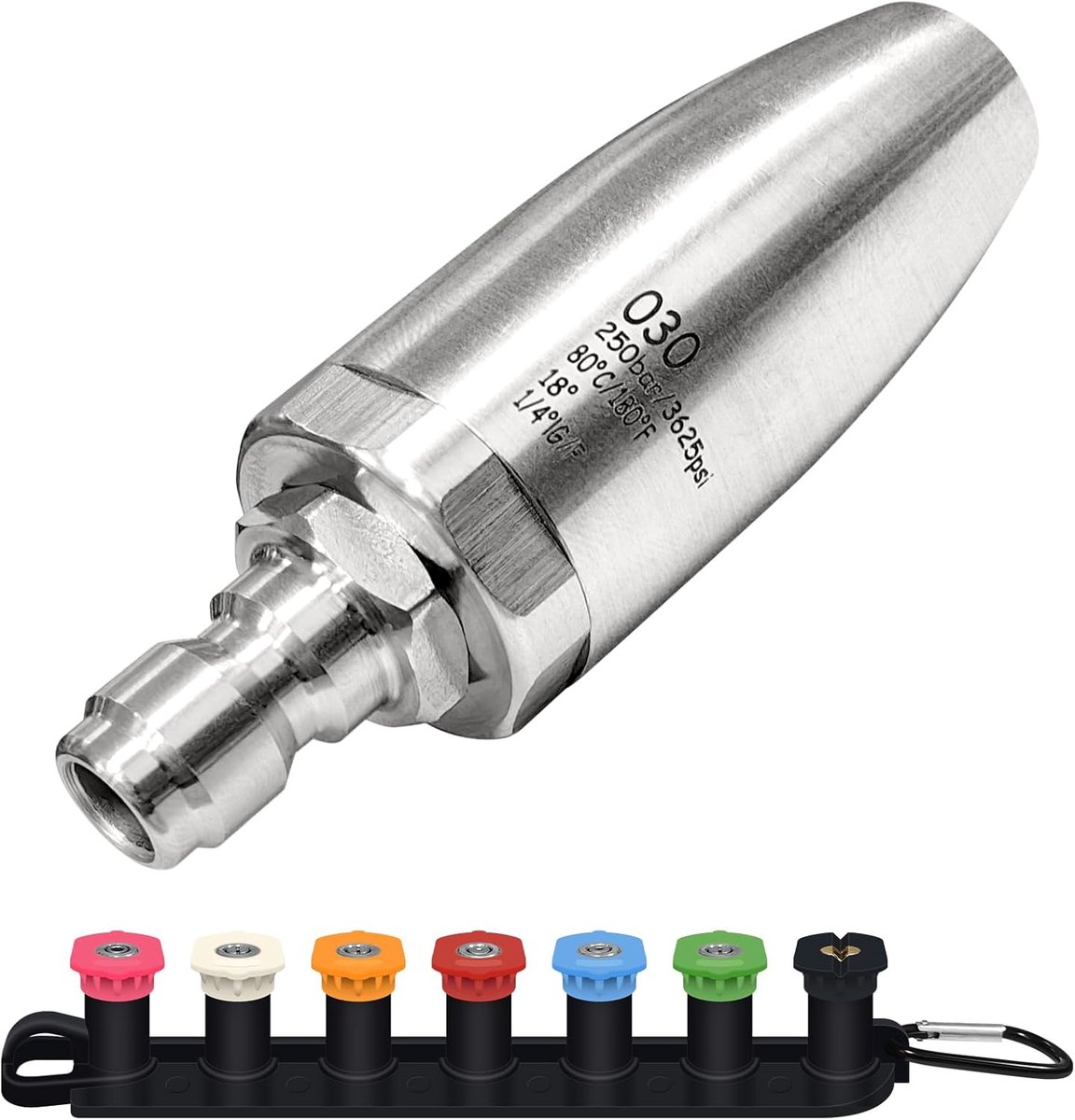 SnelShoppen - 3600 PSI RVS Turbo Nozzle voor Hogedrukreiniger, 360° Draaibare Spuitkop met 1/4 Inch Snelsluiting, 7 Nozzles, Geschikt voor Warm en Kou