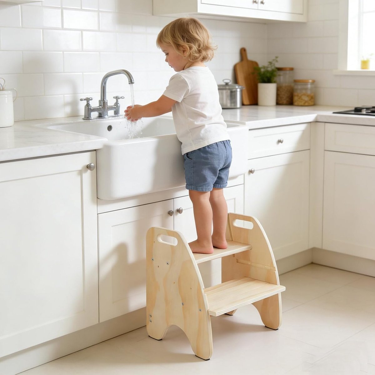 SnelShoppen - Houten 2-in-1 Peuter Stapstoel met Handgreep, Verstelbare Hoogte, Antislip Onderkant, Verstelbare Rugleuning - Voor Badkamer, Slaapkamer
