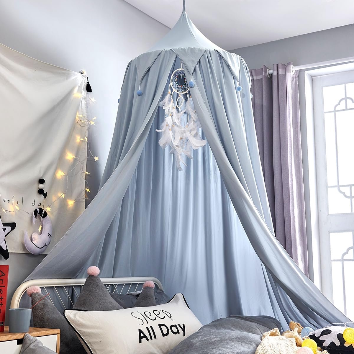 Thijox - Ronde Bedhemel Klamboe voor Kinderen, Zachte Polyester Luifel voor Jongens en Meisjes, Decoratieve Hangend Gordijn in Blauw voor Slaapkamer e