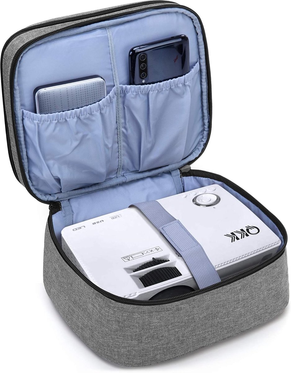 SnelShoppen - Luxe Projector Tas voor Mini Projectors - Draagtas met Bescherming voor HDMI en AV Kabels - Sterk Nylon, Grijs, 23CM x 19CM x 10CM - Ide