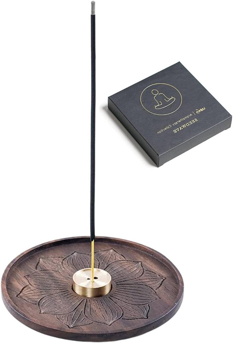 Handgemaakte wierookhouder van zwart notenhout, perfect voor meditatie, yoga en huisdecoratie met asopvangschaal