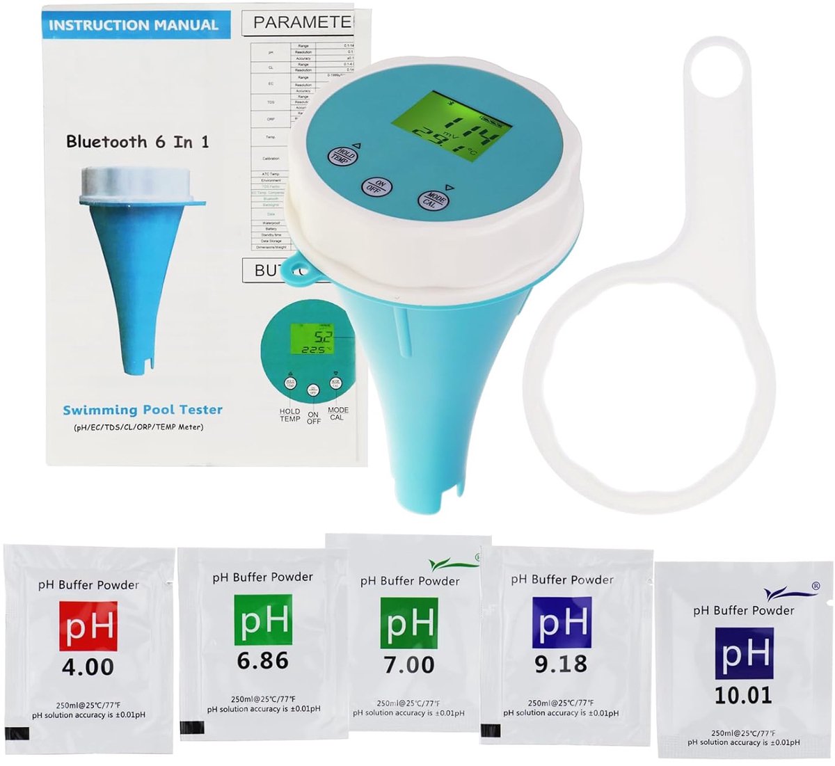 Zwembad Watertester 6-in-1 - EC pH ORP Zoutgehalte en Chloor - Draadloze Drijvende Monitor