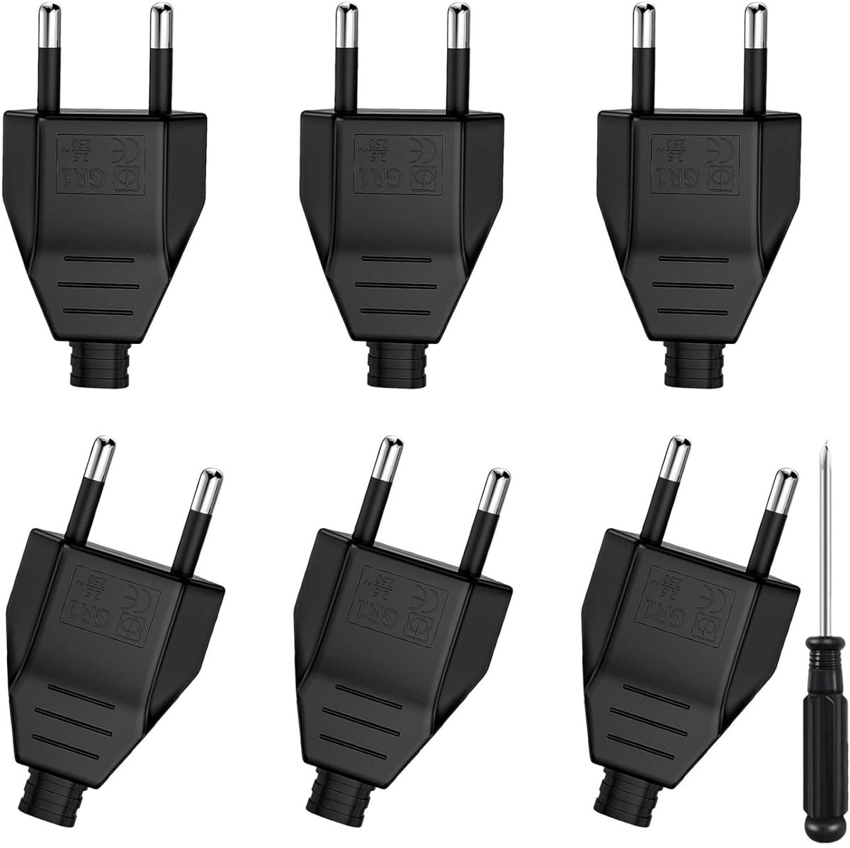 SnelShoppen - 6 Stuks Europese Platte Stekker 220V 2.5A Zwart - Ideaal voor Huishoudelijke Apparaten, Lampen, Ventilatoren en Meer
