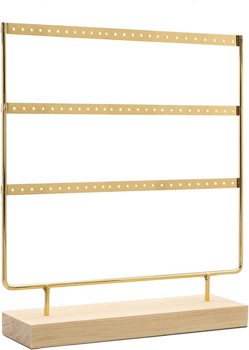 SnelShoppen - Vintage Jewelry Organizer - Houten en Metalen Oorbellen Display - 3 Laags - Gouden Earring Organizer voor Sieraden - Perfect voor Thuis