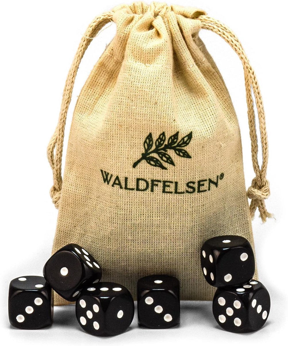 SnelShoppen - Zwarte Acryl Dobbelstenen Set van 6 Stuks 16mm met Katoenen Zak - Perfect voor Spellen, Feesten, en Gezellige Avonden