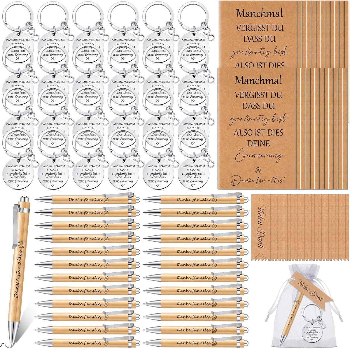 SnelShoppen - 24 Sets Bedankcadeaus voor Collega's - Mini Notitieboekjes, Houten Balpen, Inspirerende Sleutelhangers, Cadeaulabels en Organza Tasjes -