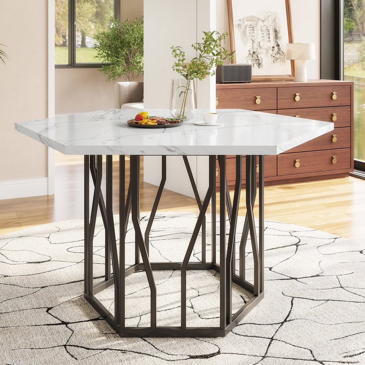 COVREO Eettafel 115,5 x 100 x 75 cm – wit marmerlook fineer, zwart metalen onderstel, 60 kg draagvermogen