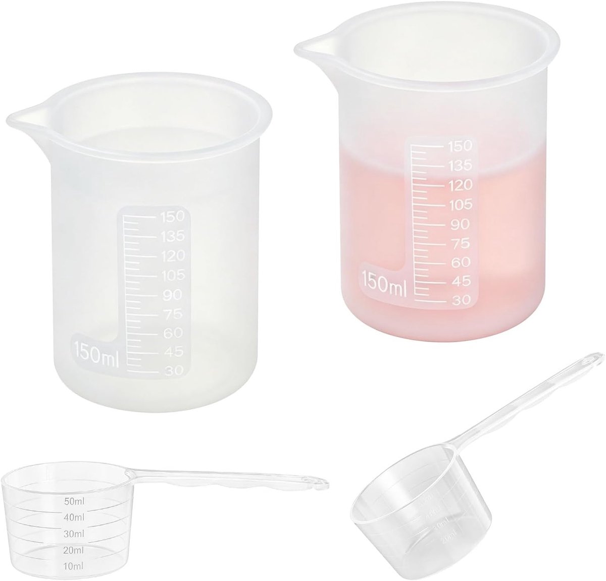 SnelShoppen - 2 Siliconen Maatbekers 150 ml met 2 Doseerlepels 50 ml - Nauwkeurige Doseerhulp voor Vloeibaar Wasmiddel en Poeder - Ideaal voor Doe-Het