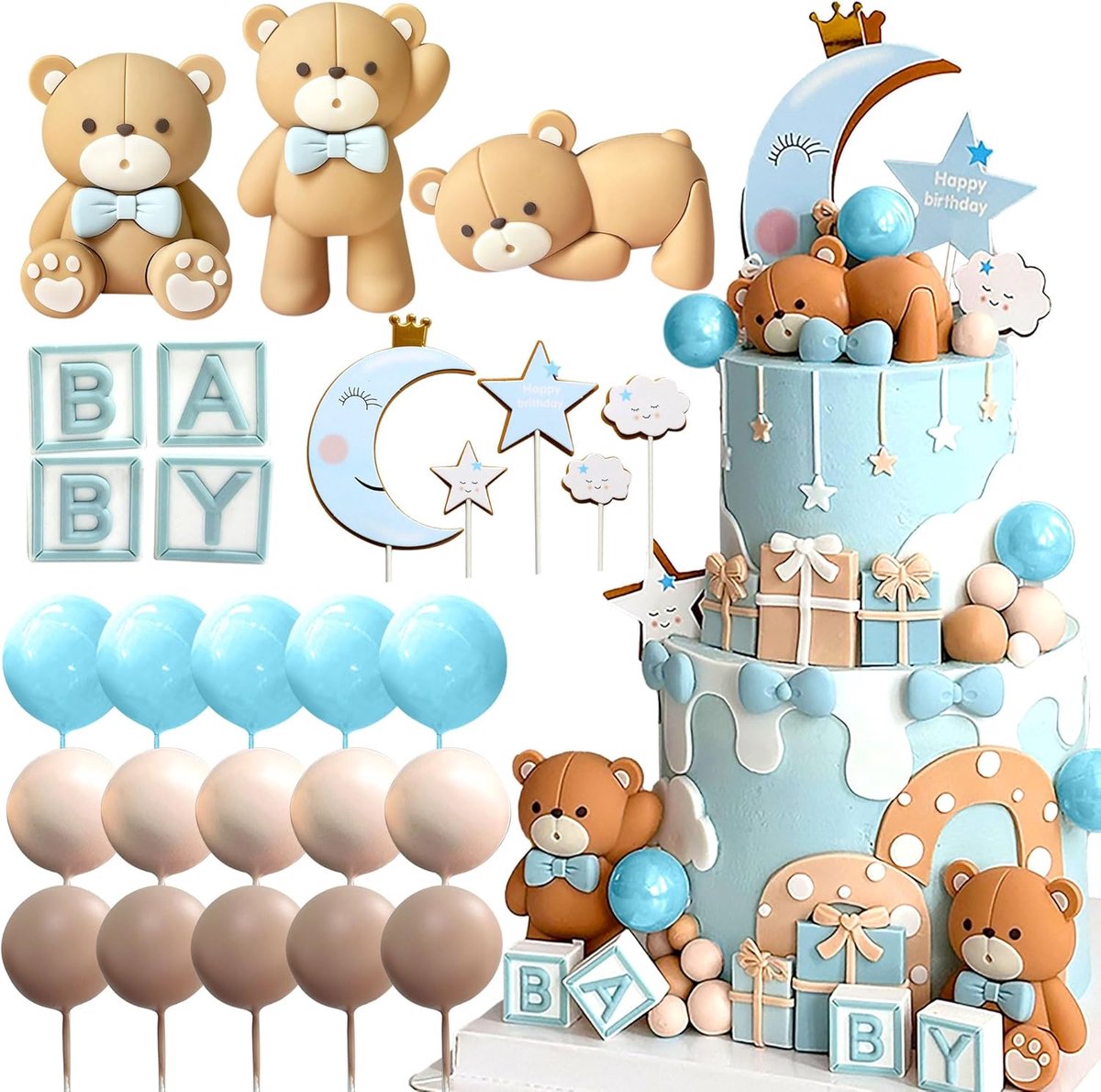SnelShoppen - Teddy Bear Cake Decoratie Set voor Doop, Verjaardag, Baby Shower - Blauw - 3 Bear Toppers, BABY Letters, Maan, Sterren, Wolken, 15 Cake