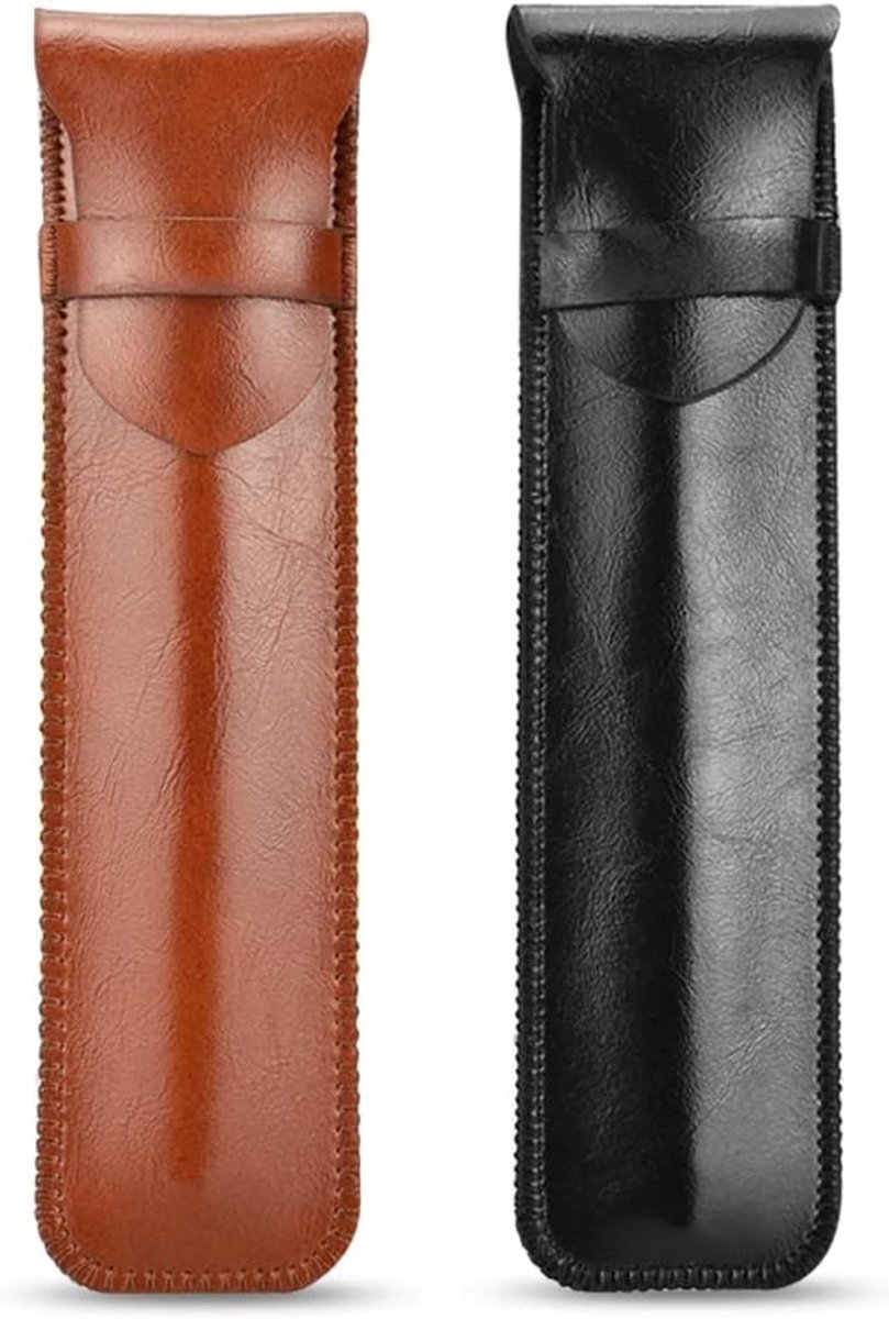 SnelShoppen - 2-delige Leren Pennenzak Set - Vintage Bruin en Zwart - 15 cm - Perfect voor Studenten en Zakelijk Gebruik