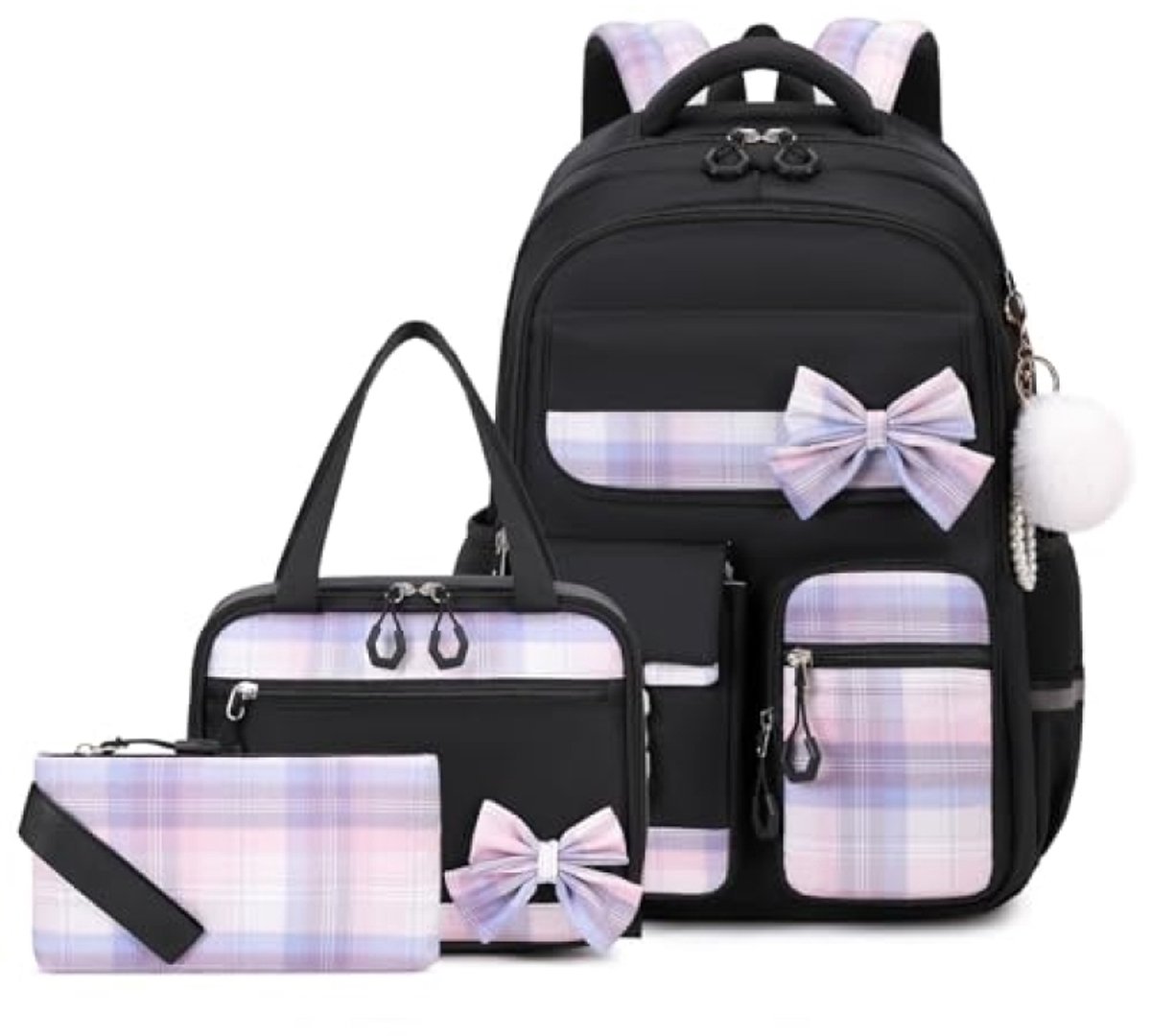 Schooltas meisjes 3-delig - Rugzak met lunchtas en pennenzak - 30 x 18 x 44 cm - Zwart - Voor meisjes van 9 tot 16 jaar