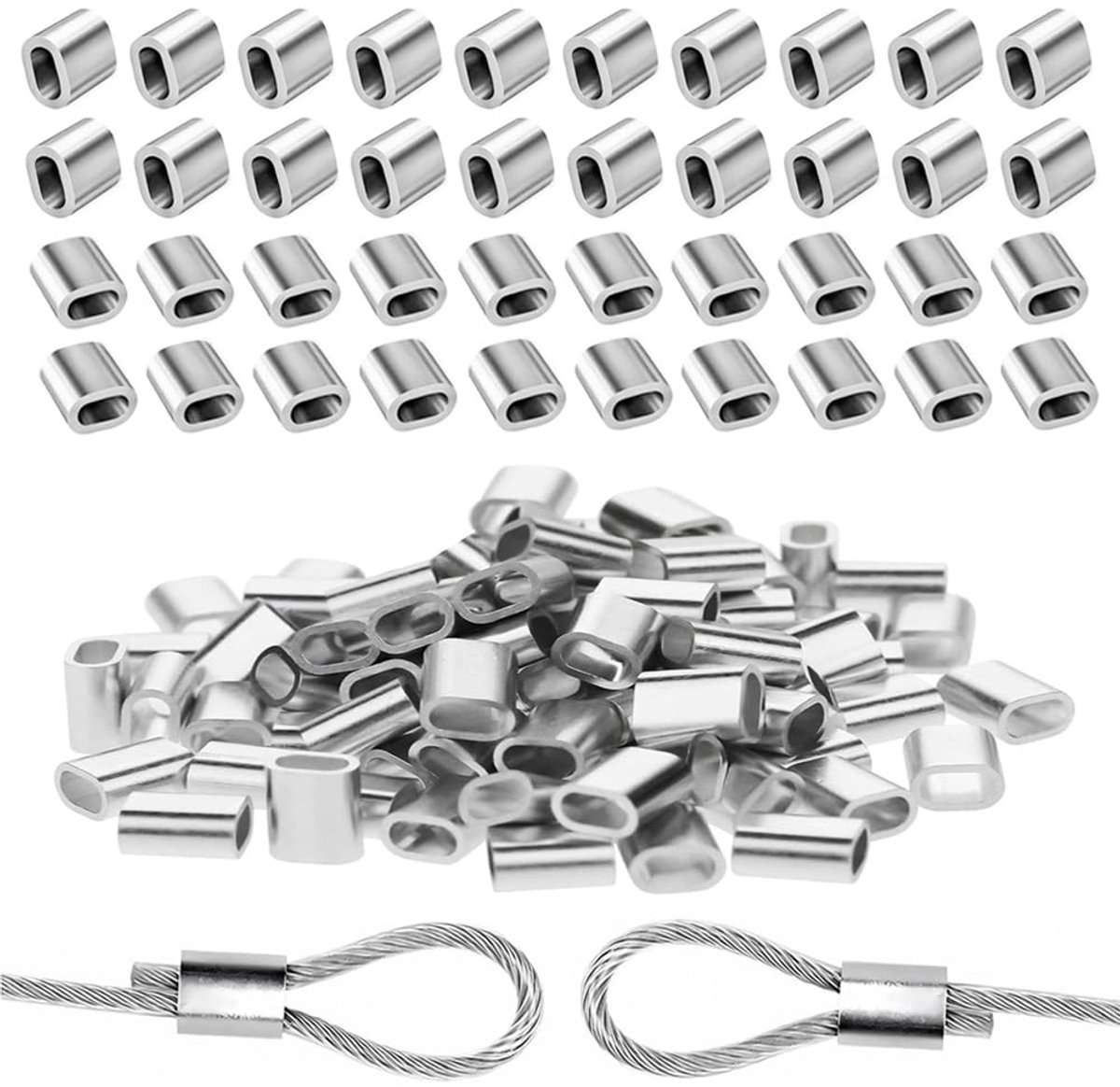 SnelShoppen - 400pcs M2 Aluminium Sleeves, Aluminium Klemmen, Druk Klemmen, Draad Kabel Klemmen, Ovale Drukmoffen voor 2mm Staal Kabel, Duurzaam en Co