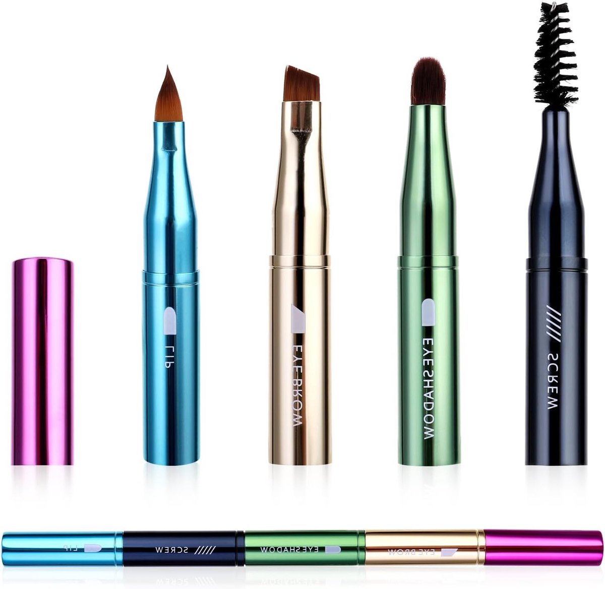 4-in-1 Make-up Borstelset voor Reizen, Verwijderbare Oogschaduwborstel, Wenkbrauwborstel en Lippenborstel voor Perfecte Make-up Look