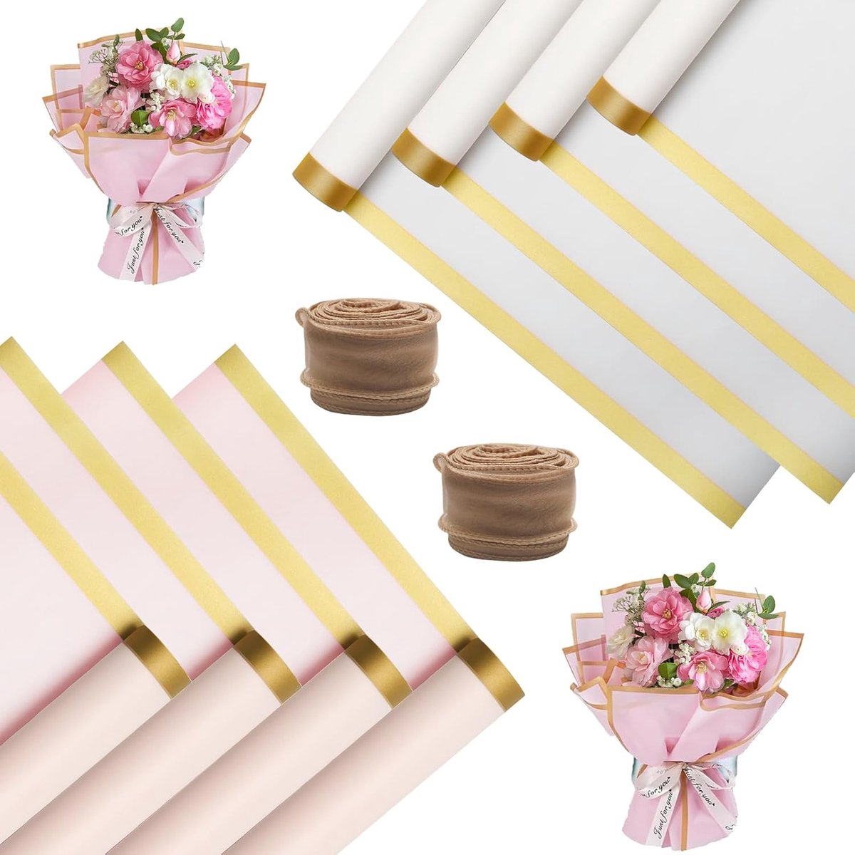 SnelShoppen - 40 Vellen Waterdicht Roze en Witte Bloemen Cadeau Inpakpapier voor Boeketten met 2 Tulle Ribbons Vissenstaart - Perfect voor Feesten, Ve