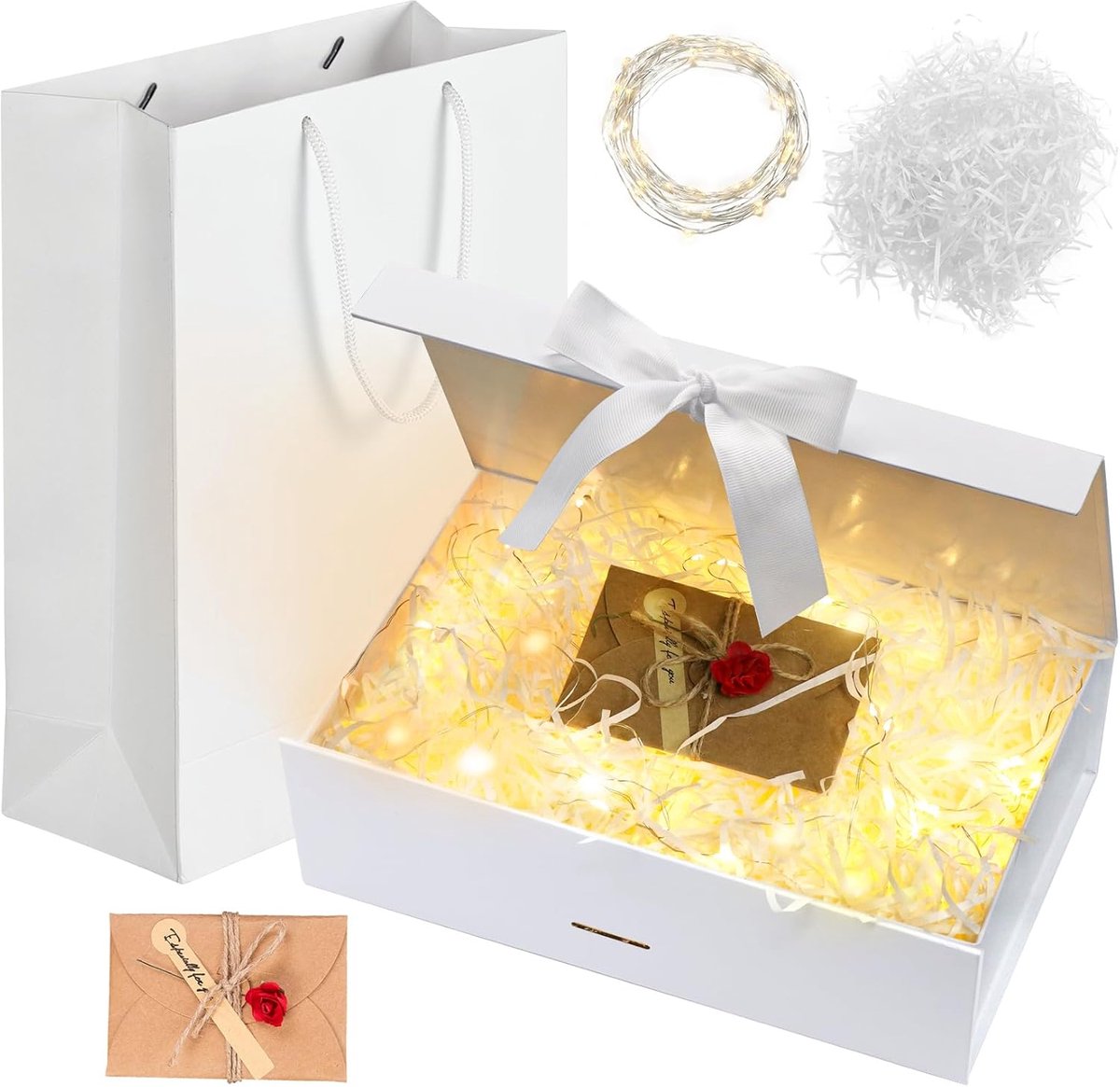 SnelShoppen - Grote Zwarte Cadeaubox met Deksel, Strik, Ribbons, Licht, Riet, Wenskaarten, Giftboxen voor Verjaardag, Bruiloft, Kerst, Jubileum (Wit,
