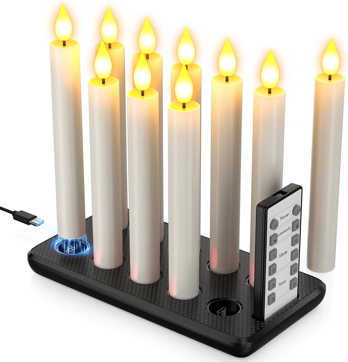 SnelShoppen - Set van 10 Oplaadbare LED Kaarsen met Afstandsbediening, Timer en Oplaadstation, Vlam Effect voor Thuis, Halloween, Kerst, Feestdecorati