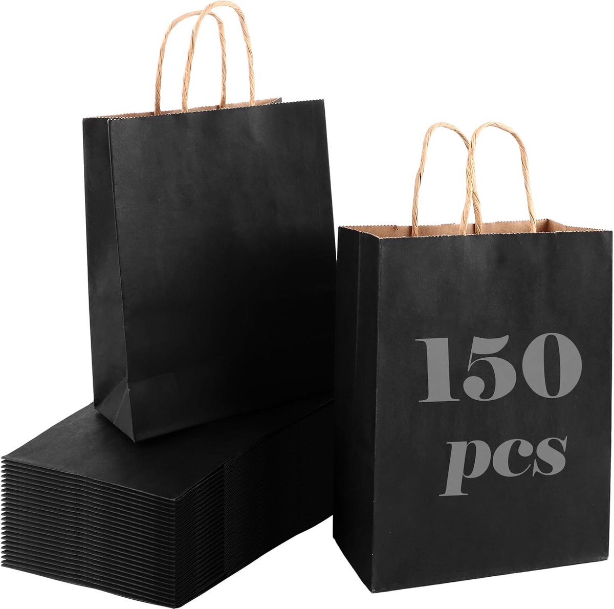 SnelShoppen - 150 Stuks Zwarte Papieren Tassen, Kraft Tassen 15 x 8 x 21 cm, Handgemaakte Tas voor Cadeaus, Feesten, Winkels en Dagelijks Gebruik