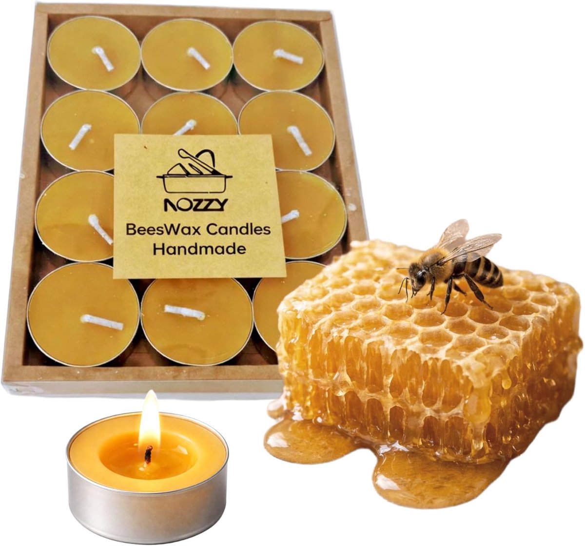 SnelShoppen - 12 Handgemaakte Theelichtjes van Bijenwas - Natuurlijke Geur, Warm Gouden Licht, Perfect voor Feesten, Camping, Tuin en Keuken