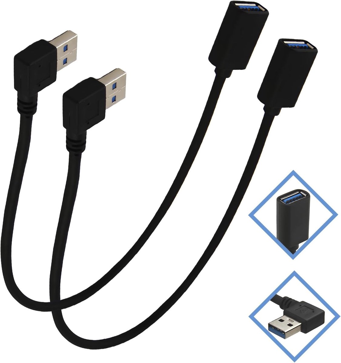 SnelShoppen - 2 Pack USB 3.0 Extension Kabel 90° Hoek Plug 30cm - Hoogwaardige USB Adaptor voor PC, Laptop, TV, PS4, Scanners en Toetsel - Zwart