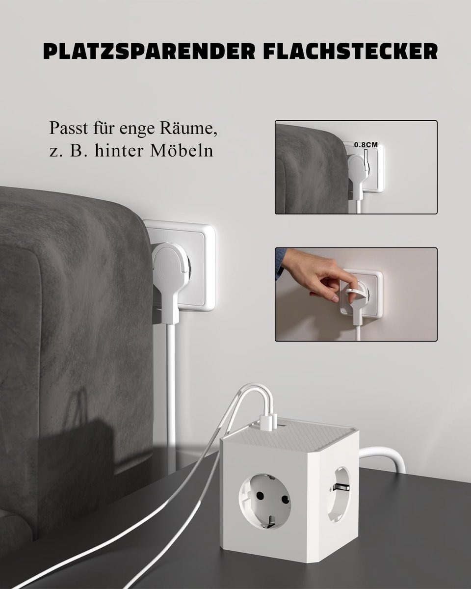SnelShoppen - 6-in-1 Stekkerdoos Cube met 3 USB en Platte Stekker, 20W Snellader, 1.5m Kabel voor Thuis, Kantoor en Reizen, Wit