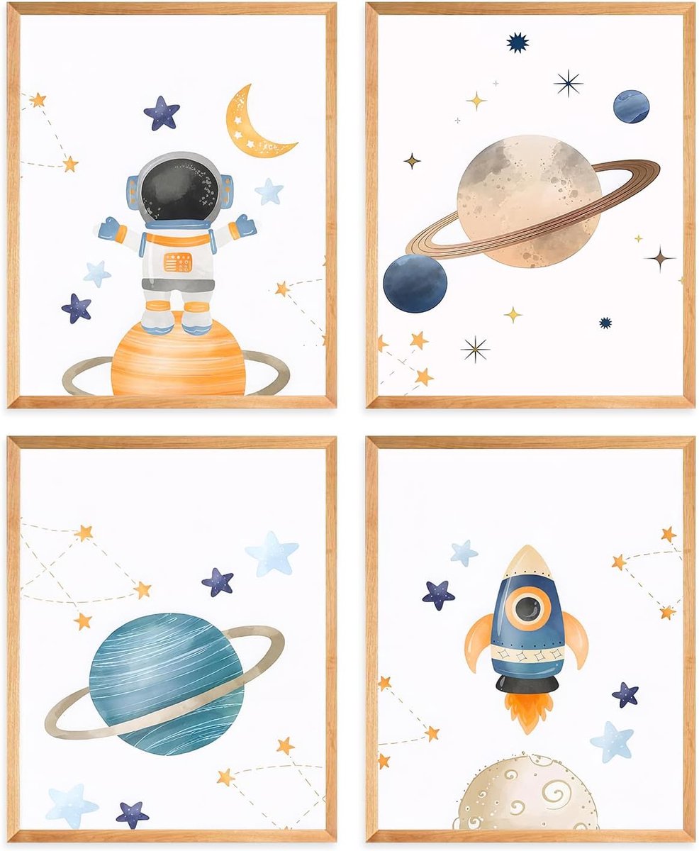 SnelShoppen - Ruimte Thema Posters Set van 4 - Cartoon Afbeeldingen van Ruimteman, Raketten en Planet voor Kinderkamer - 8x10 inch - Canvas Print - Un