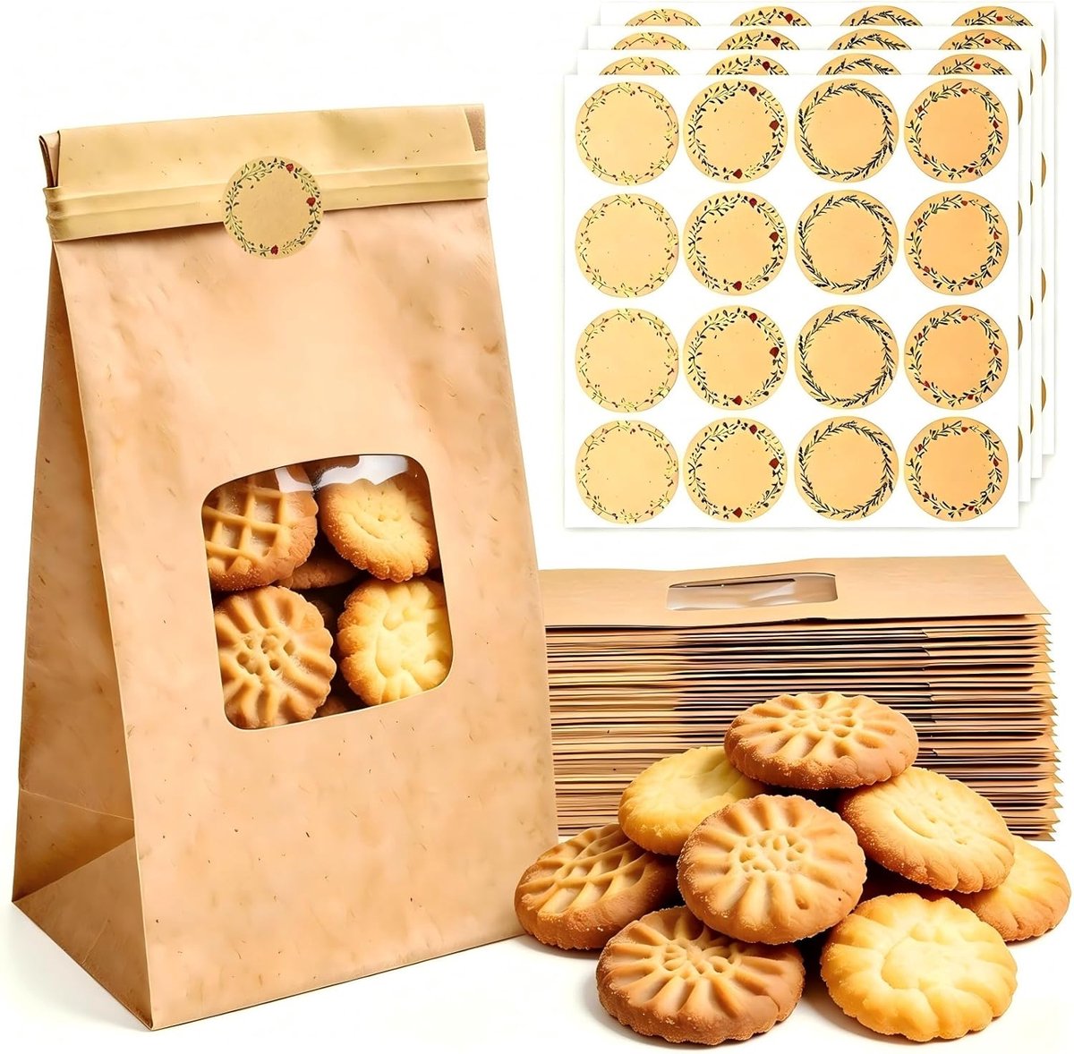 SnelShoppen - 60 Stuks Koekjeszakjes met Venster, Papieren Zakjes, Broodzakken, Kraftpapier, Water- en Vetafstotend, 16,8 x 9 x 5,8 cm, Duurzaam voor