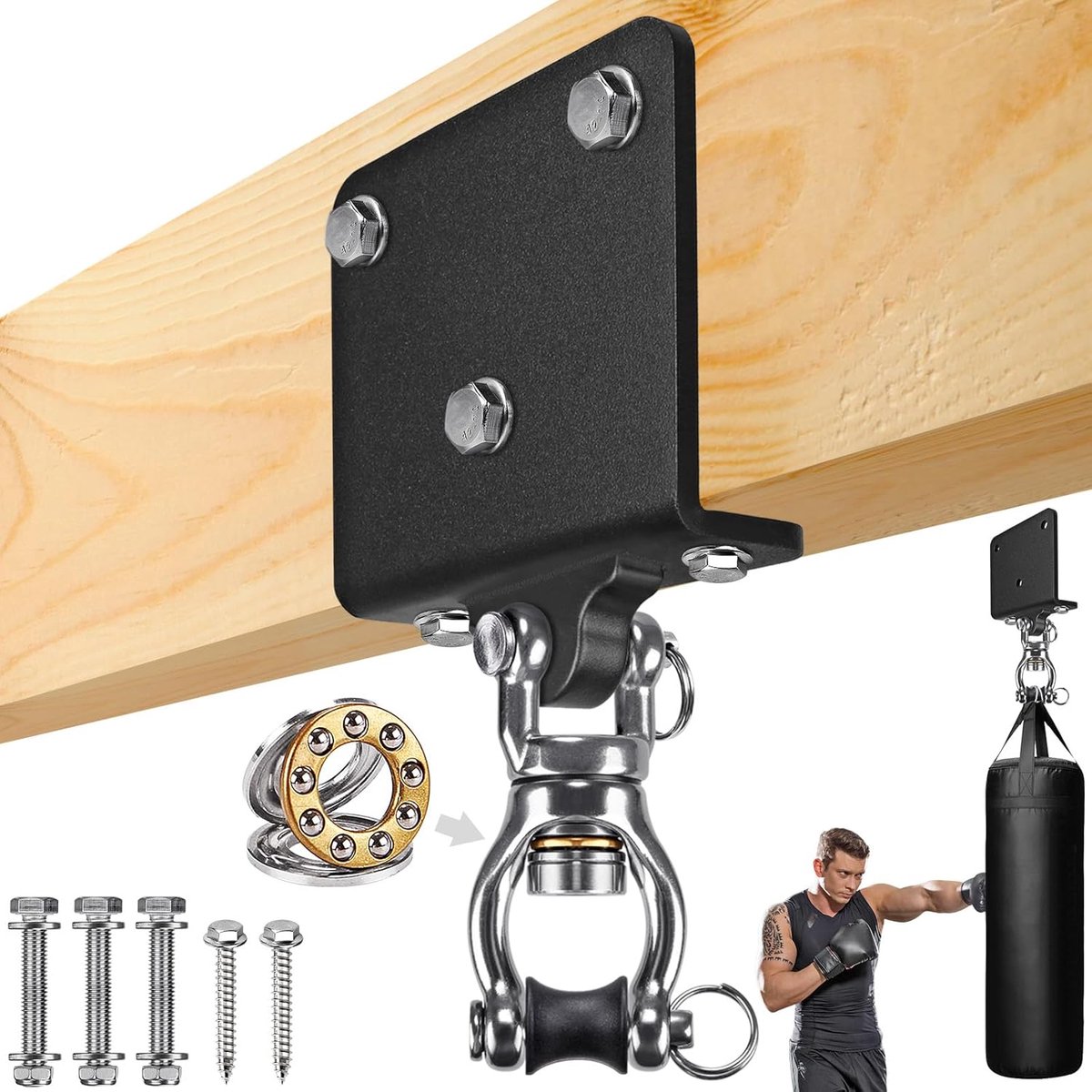 SnelShoppen - Houten Balk Zware Punching Bag Hanger met 360° Rotatie en Lagers, Muay Thai & Boksen Wand- en Plafondmontage, Stalen Constructie