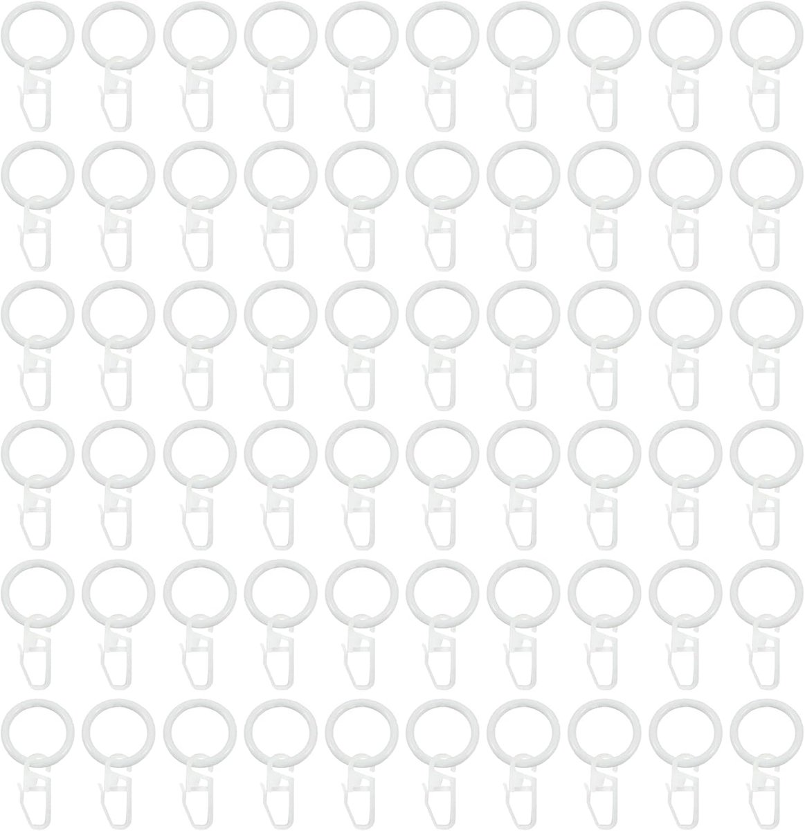 SnelShoppen - 60 Witte Gordijnringen 30 mm - Metaal met Haakjes - Compleet Set met 60 Plastic Haakjes voor Gordijnen, Douchegordijnen, Raamrails