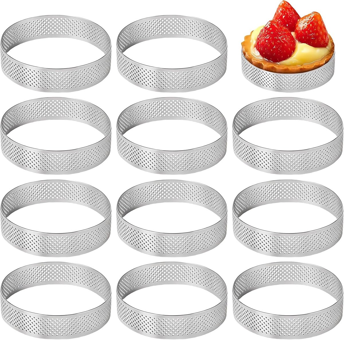 SnelShoppen - 12 Stuks Mousse Tartlet Mallen, 6 cm Diameter, Roestvrijstalen Cake Ringen, Dessert Mousse Ringen met Gaatjes voor Taarten, Gebak, Mini