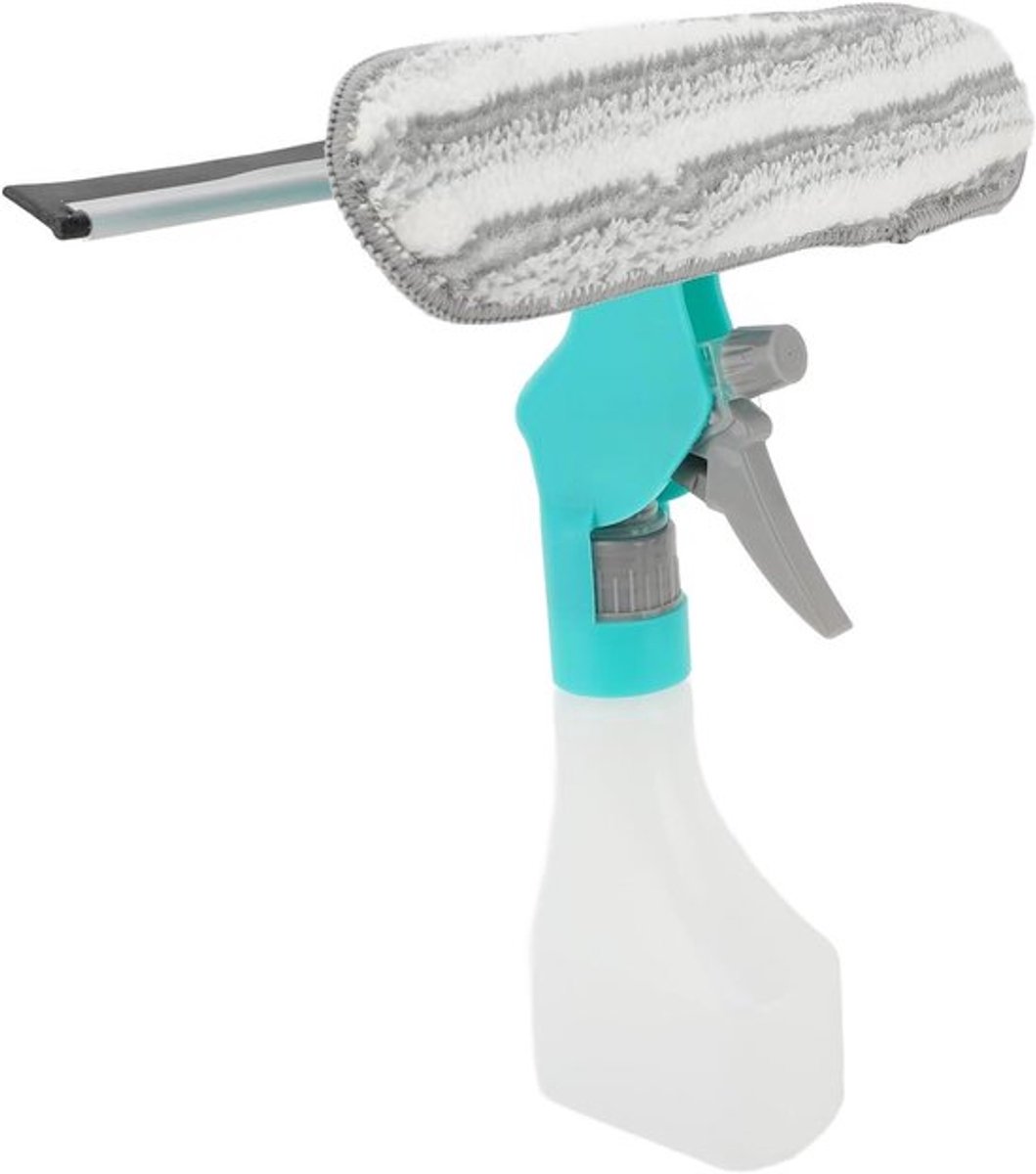 Raamreinigings set voor streeploos schone ramen - 4-in-1 gereedschap - spray en schoonmaakdoek - glasreiniger met spuitfles - rubberen schrobber - borstelkop