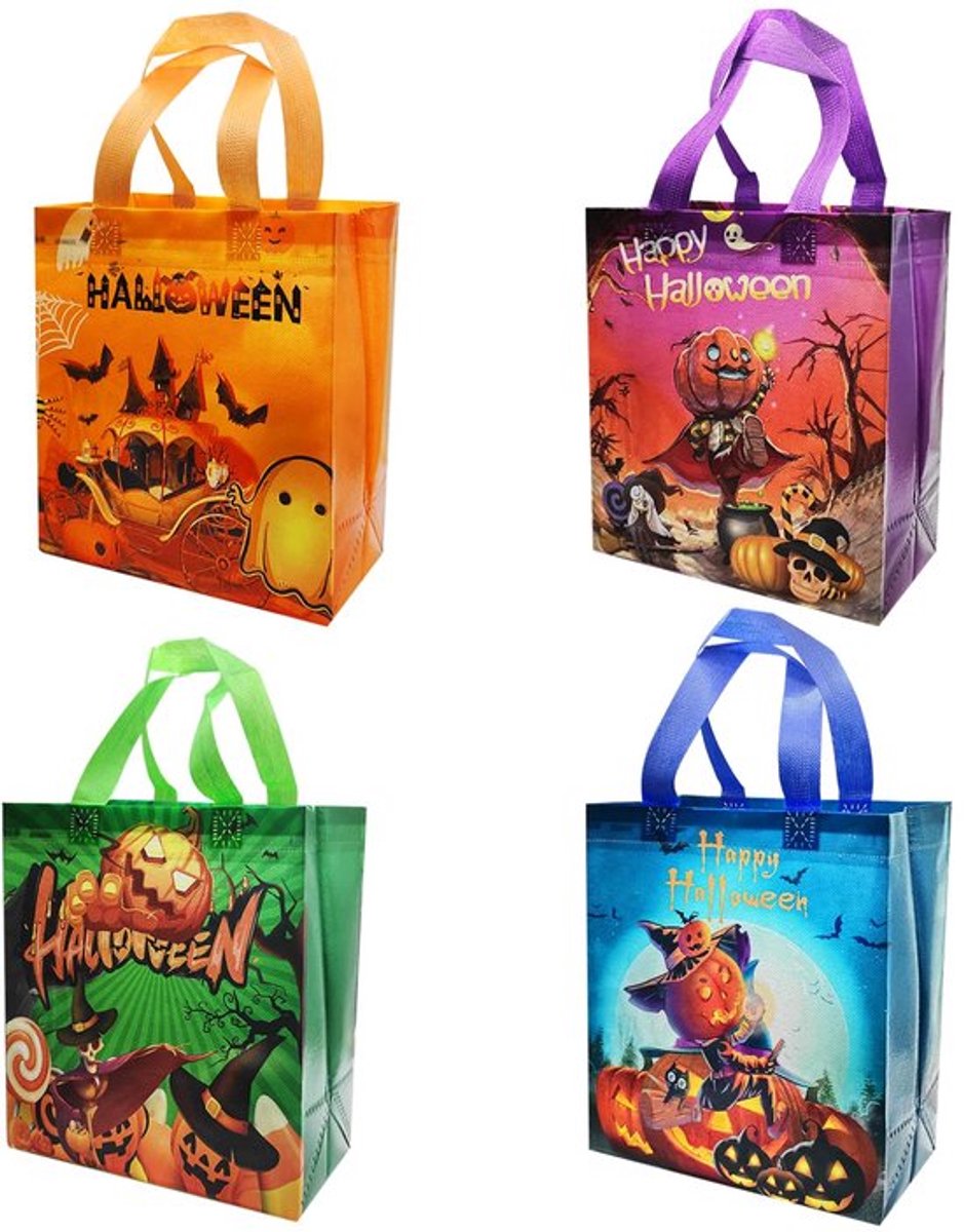 4 Trick-or-Treat zakjes voor Halloween - Feestelijke snoep- en geschenkverpakking van vliesstof - 23 x 22 x 11 cm