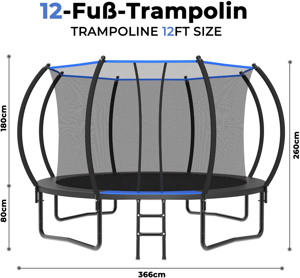 Ronde Trampoline 366 cm - Met Veiligheidsnet En Ladder - Zonder Verstelling - Voor Tuin En Kinderen Vanaf 6 Jaar - Staal - Zwart Blauw