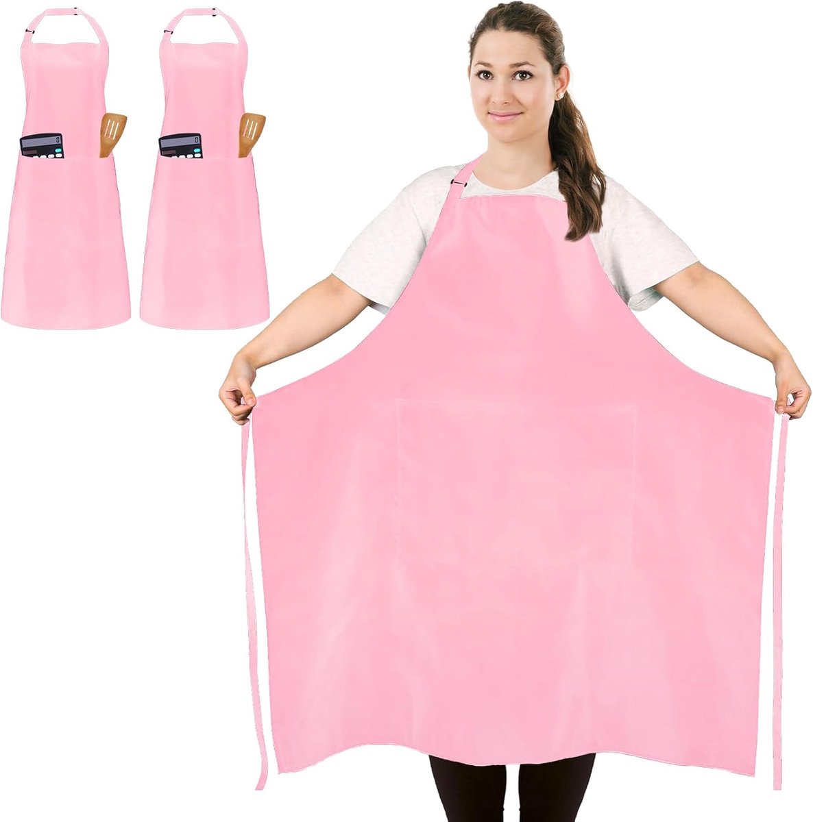 SnelShoppen - 2 Stuks Plus Size Keuken Schort, Unisex Roze Waterdichte Schorten met 2 Zakjes voor Koken, Barbecue, Werk, Professioneel Schort voor Obe