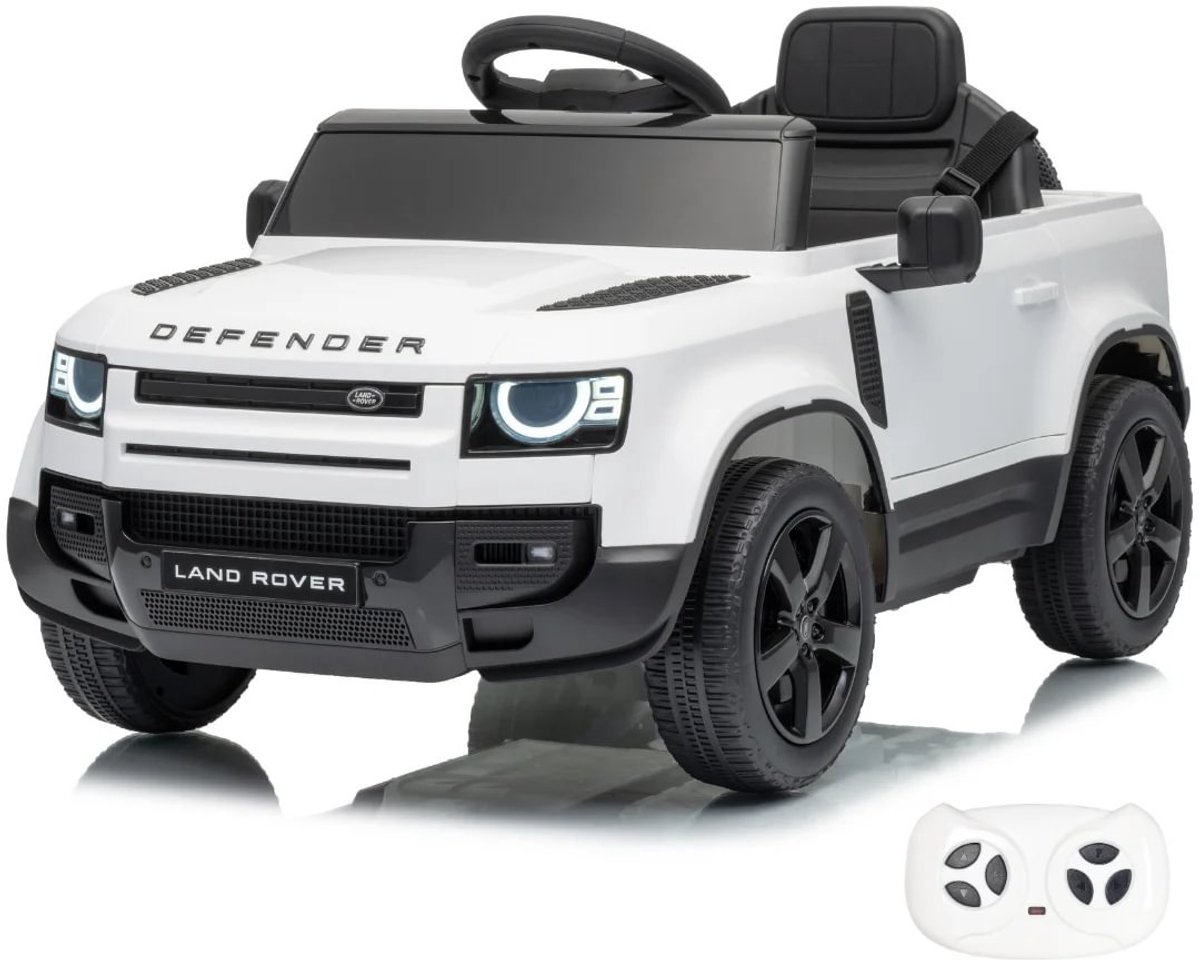 Land Rover Defender 90 Elektrische Kinderauto 12V 1 tot 5 jaar - Accuvoertuig met Afstandsbediening, EVA wielen & 3-puntsgordel - Accuvoertuig met Werkende Deuren & MP3-speler - Wit