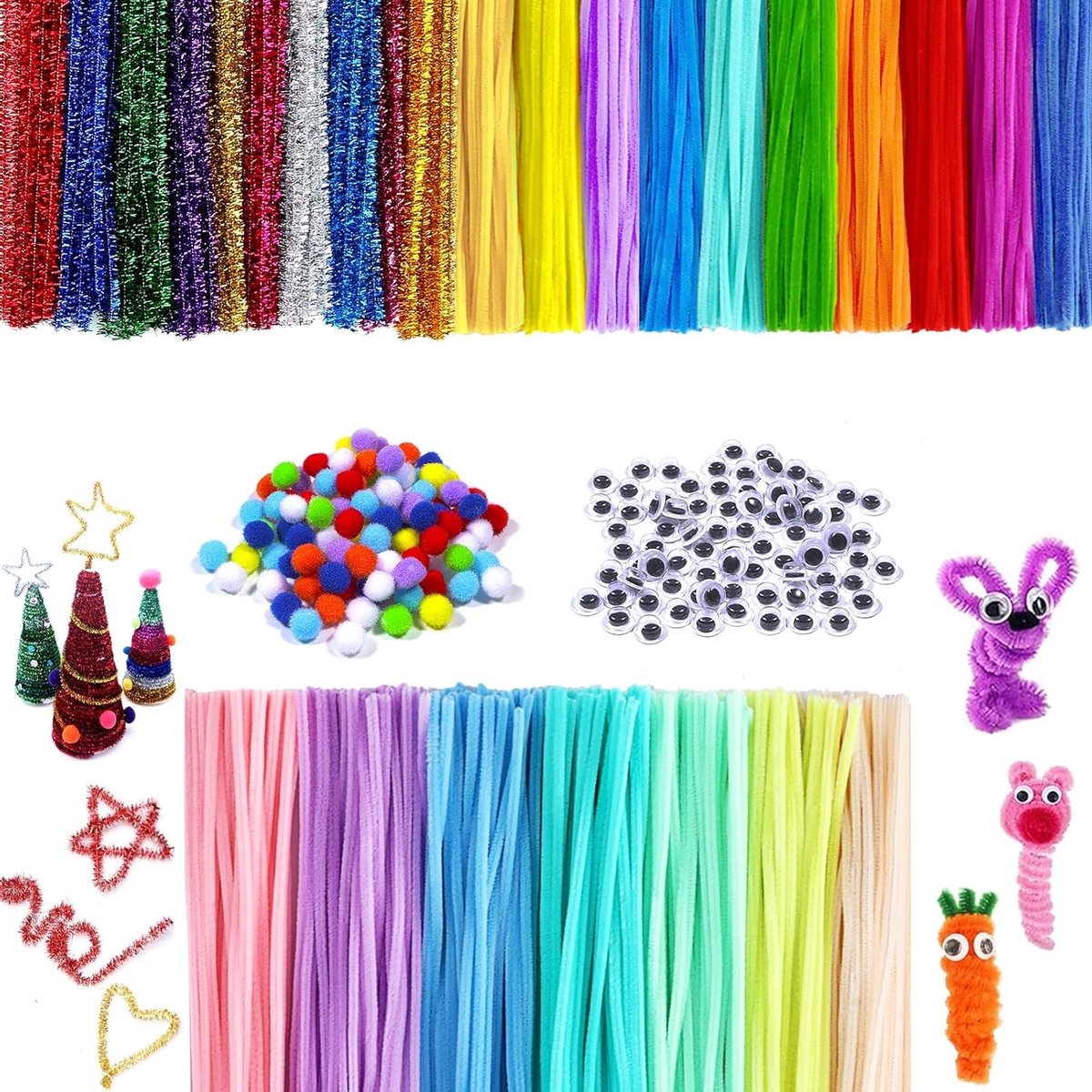 500 Stuks 30 cm Pijpenragers in 27 Kleuren voor Creatieve Knutselprojecten met 200 Zelfklevende Wiggly Ogen en Pompons voor DIY Creaties