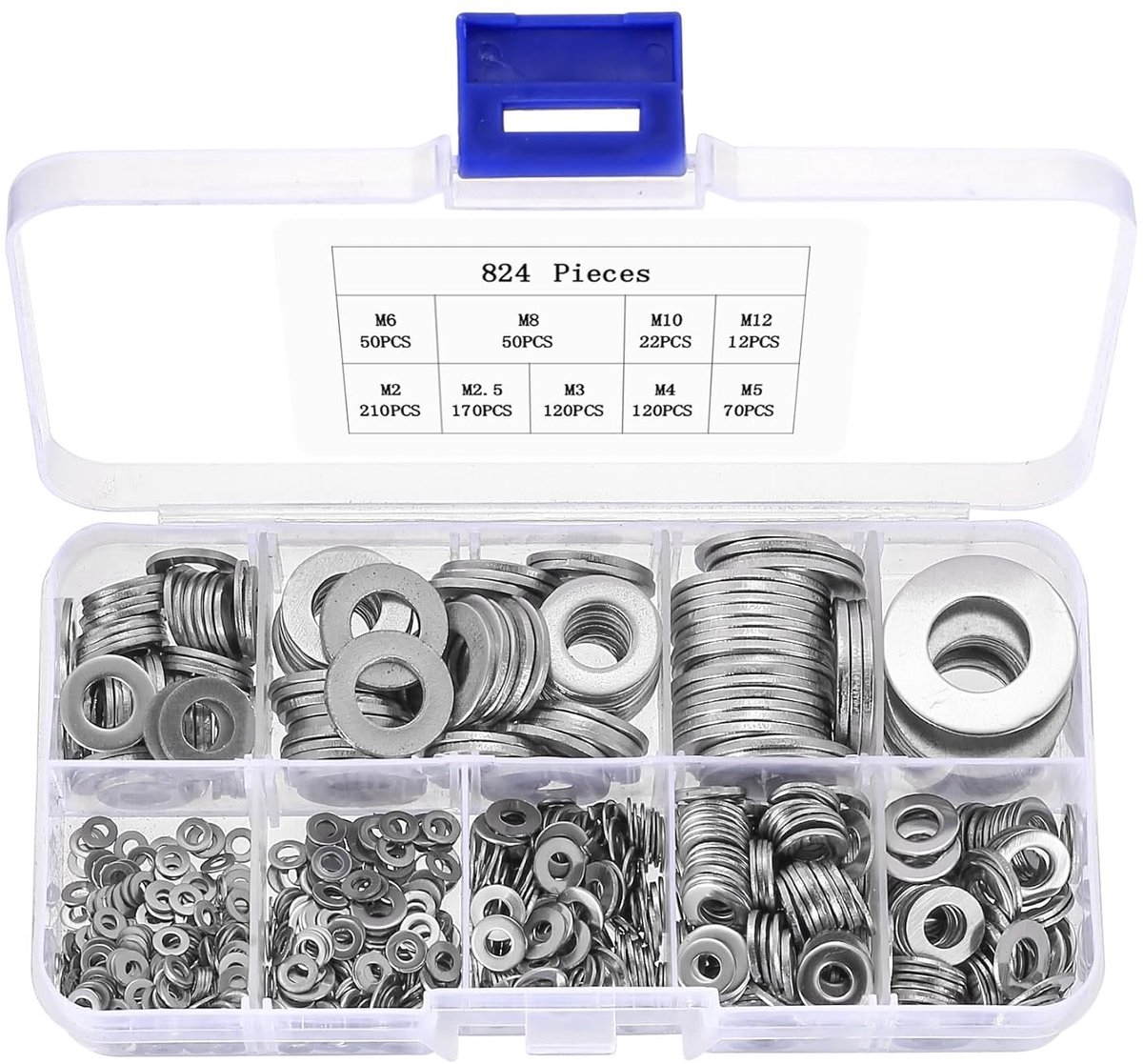 SnelShoppen - 824 Pcs Ringen Set, Roestvrijstalen Schijven, Metalen Vlakke Washers voor Schroeven, M2 M2.5 M3 M4 M5 M6 M8 M10 M12, Assortiment voor Kl
