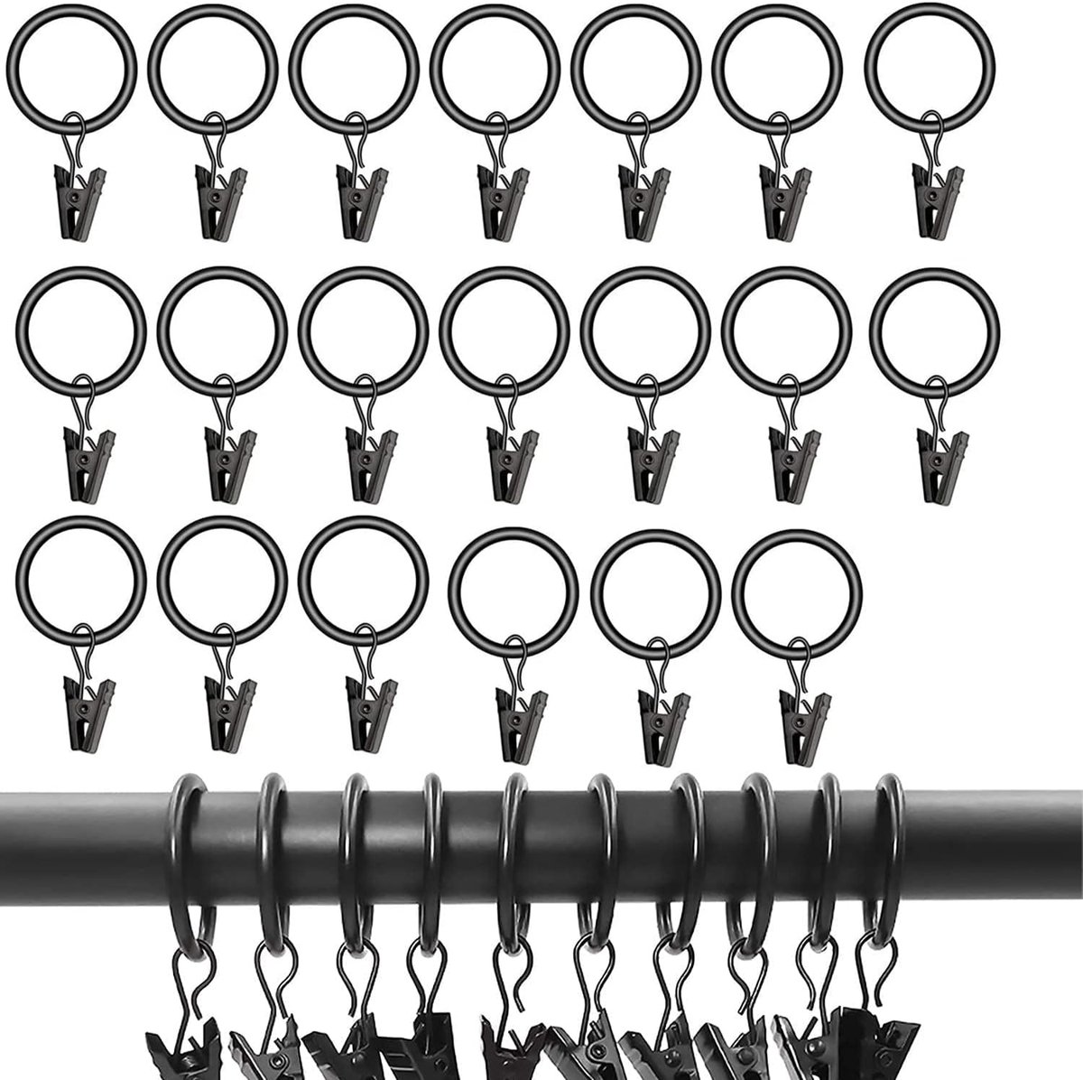 SnelShoppen - 20 Stuks Gordijnringen met Clips, Sterke Metalen Decoratieve Gordijnringen, Open Ontwerp, Geschikt voor Metalen Stangen (Zwart)