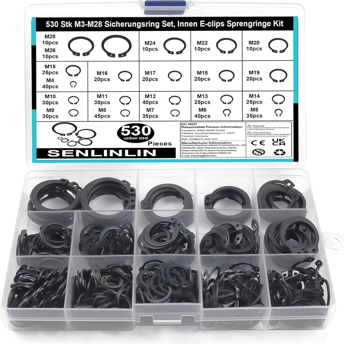 SnelShoppen - 530-Delige Retaining Ring Set - E-Clips C-Ringen Assortiment met 21 Maten (M4–M28) - Hoogwaardige Koolstofstalen Veerringenset met Opber