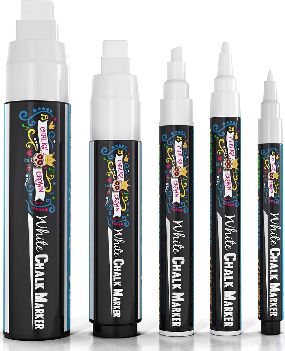 SnelShoppen - 5 Stuks Witte Krijtmarkers - Non-Toxische Vloeibare Krijtstiften voor Raam, Glas - Diverse Puntgroottes 1, 3, 6, 10, 15mm - Perfect voor