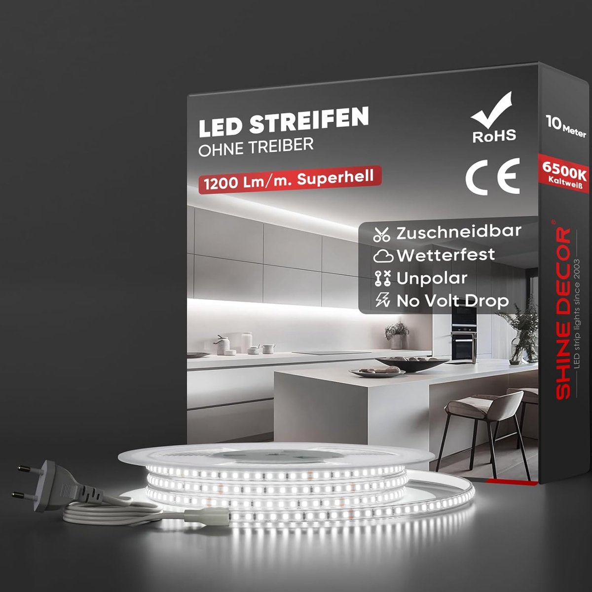 SnelShoppen - LED Strip 10 m AC 220 V IP65 Waterproof SMD 2835 120 LEDs/m Ultra Helder Lichtstrip voor Tuin en Keuken (Koud Wit)