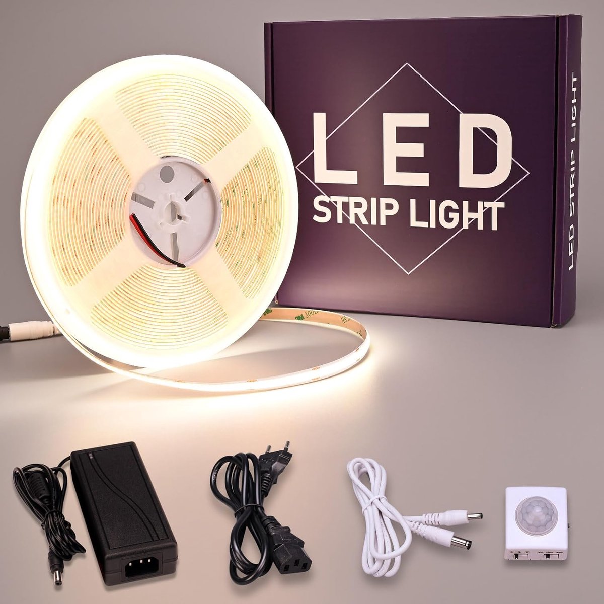 SnelShoppen - 24V 10M Motion Sensor COB LED Strip - Natuurlijk Wit 4000K - 3 Verlichtingsmodi - 3 Dimbare Modi - Zelfklevende LED Tape voor DIY Decora