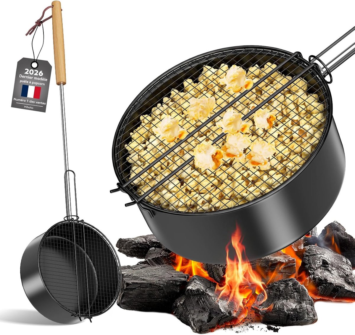 SnelShoppen - Popcornpan voor Kampvuur en Barbecue, Metalen Popcornmaker met Lange Handgreep en Roosterdeksel, Perfect voor Kamperen, Tuin en Feestjes