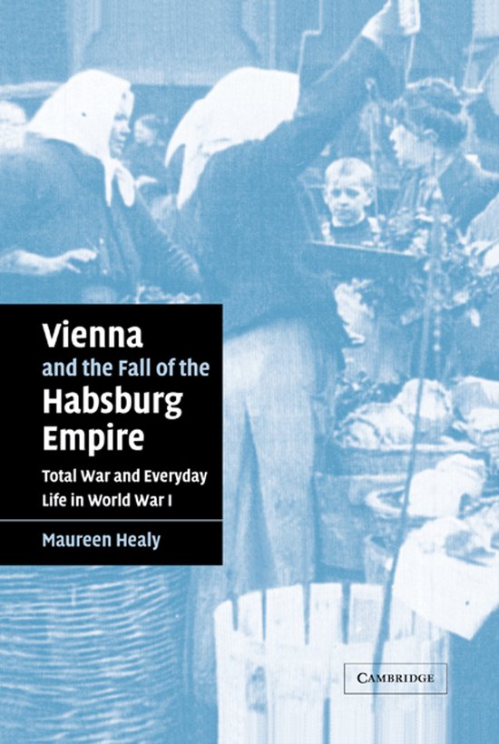 Boekcover met de titel 'Vienna and the Fall of the Habsburg Empire' in het Engels. De achtergrond is een blauwdruk van een historische foto van een drukke markt.