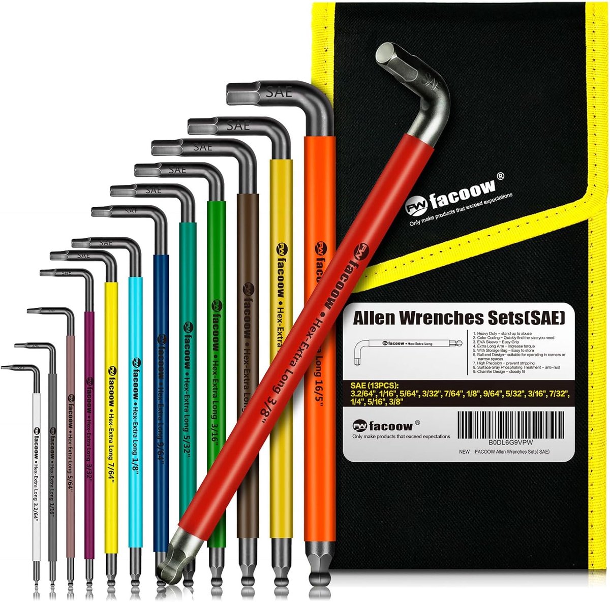 SnelShoppen - Allen Key Set 13 delig, Extra Lange Arm, Ball End, SAE Hex Sleutelset in Draagtas, CRV Staal, Roestvrij, Voor Klussen en Onderhoud