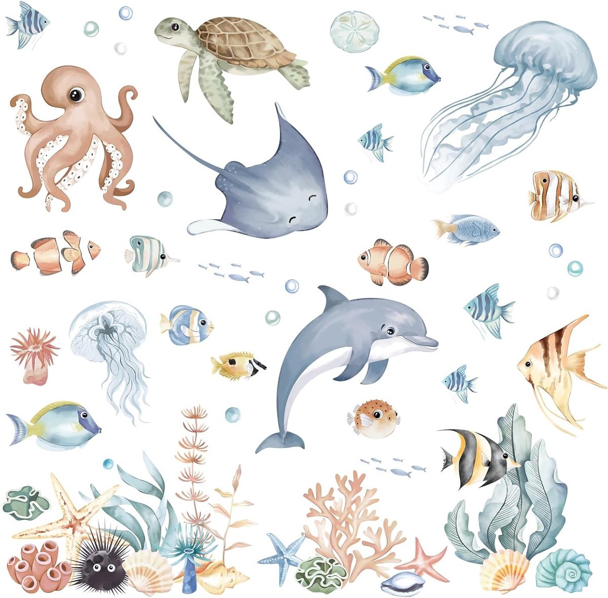 Muurstickers met Dolfijnen en Medusen voor Kinderen - Oceaan Dieren Peel & Stick Wanddecoratie voor Kinderkamer, Badkamer en Slaapkamer