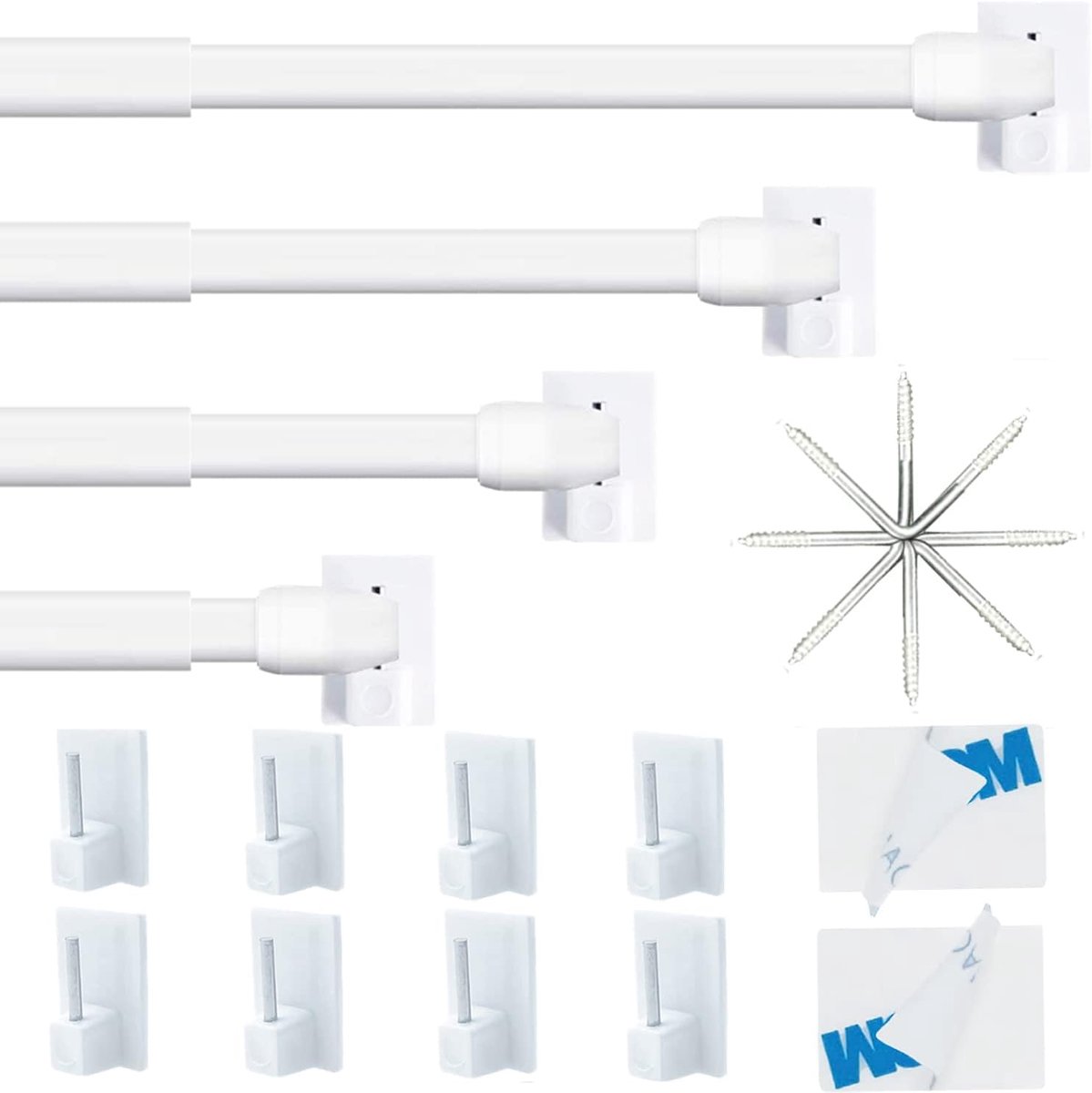 SnelShoppen - 4 x Glazing Poles, Uittrekbare Gordijnstangen, Geen Boren, Verstelbare Raamgordijnstangen, PVC Gordijnroedes voor Gaas en Haakjes, Zelfk