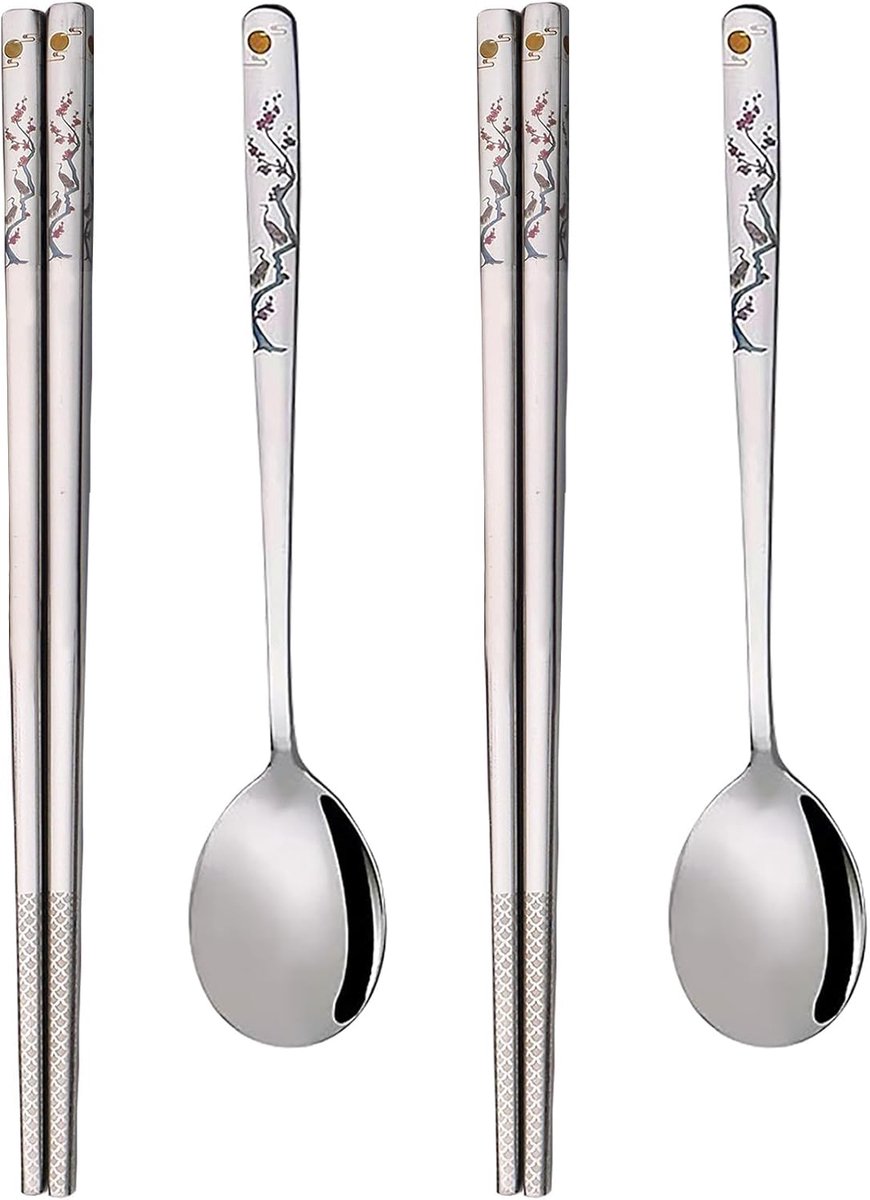 SnelShoppen - Korean Long Stem Soup Spoon en Chopsticks Set - 18/8 RVS, Laser Gegraveerd, Multicolor, Herbruikbaar, Set van 3, Perfect voor Feesten en