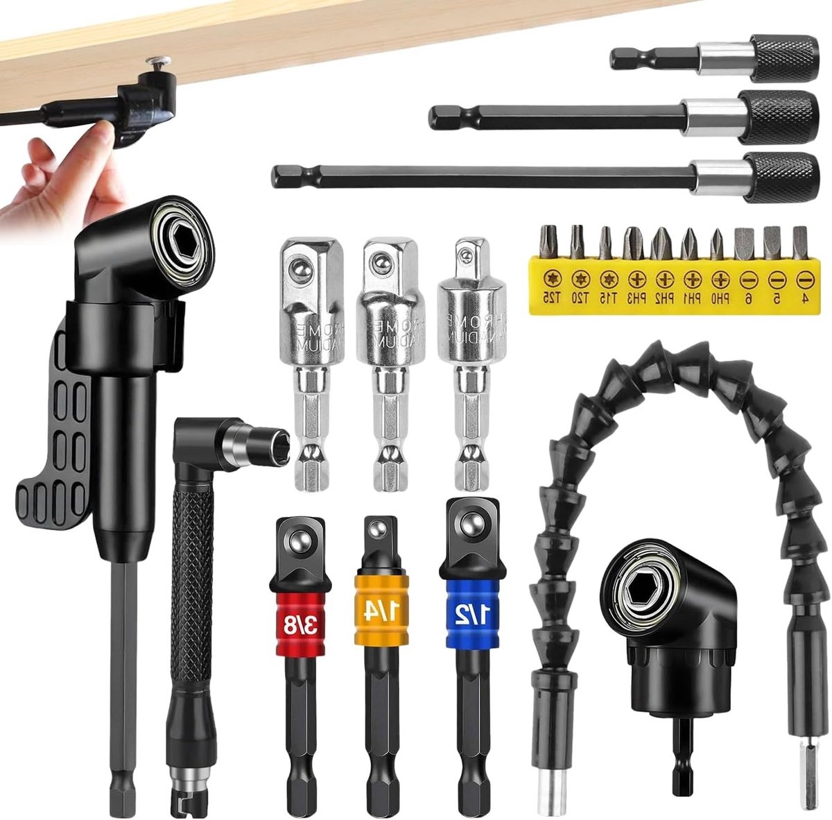 23-delige Schroevendraaierset met 105° Hoek, Spindel en Boorhouder voor Kluswerk, Doe-Het-Zelf Reparaties en Gereedschap Accessoires