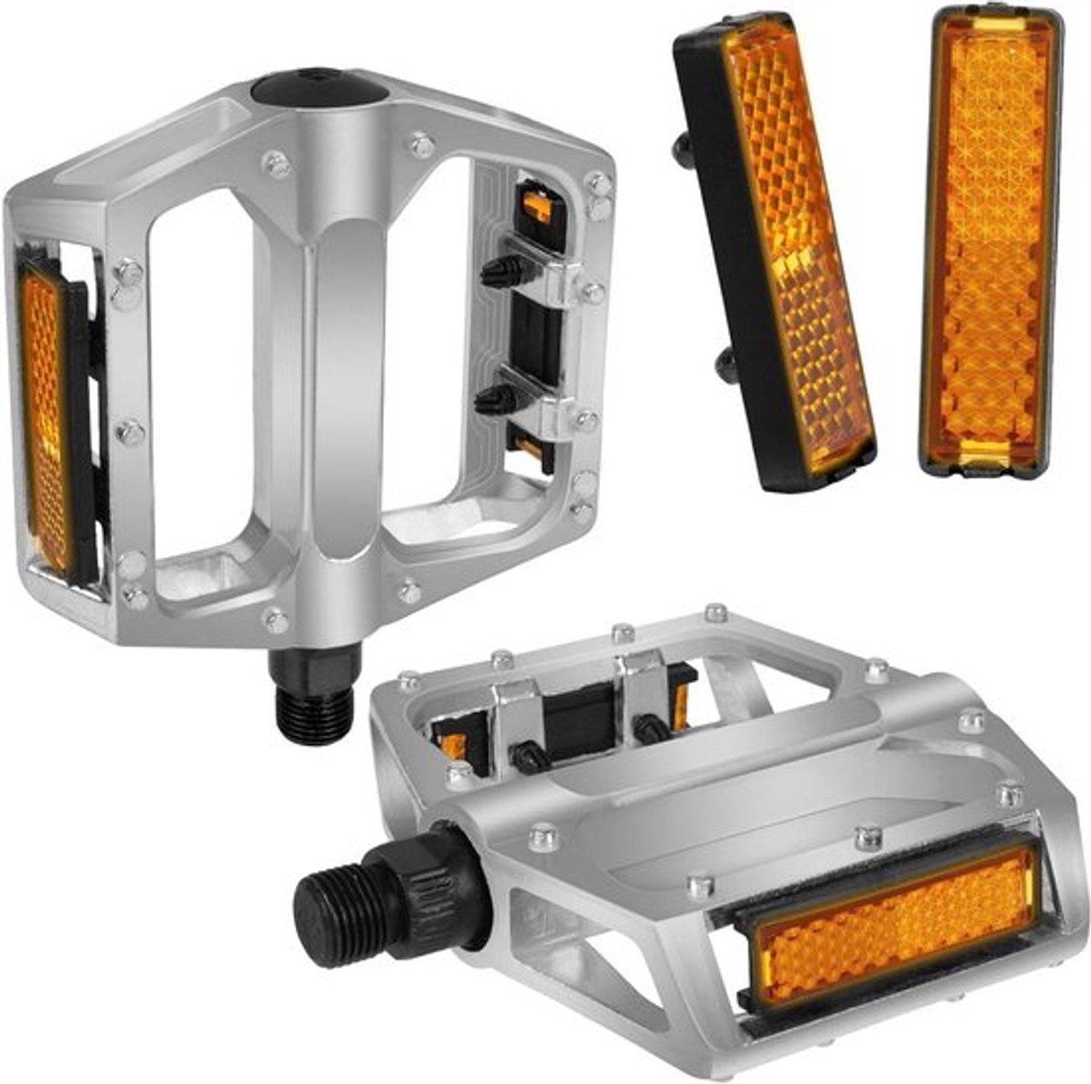 Antislip aluminium pedalen voor mountainbike en racefietsen met reflectoren, zilver, 9/16" lagerplatform.